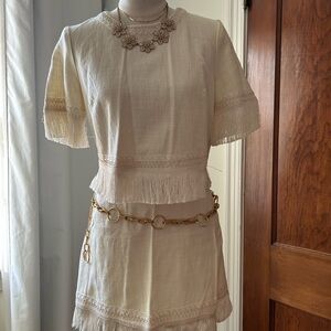 Cream Fringe Short Sleeve skirt set - Women